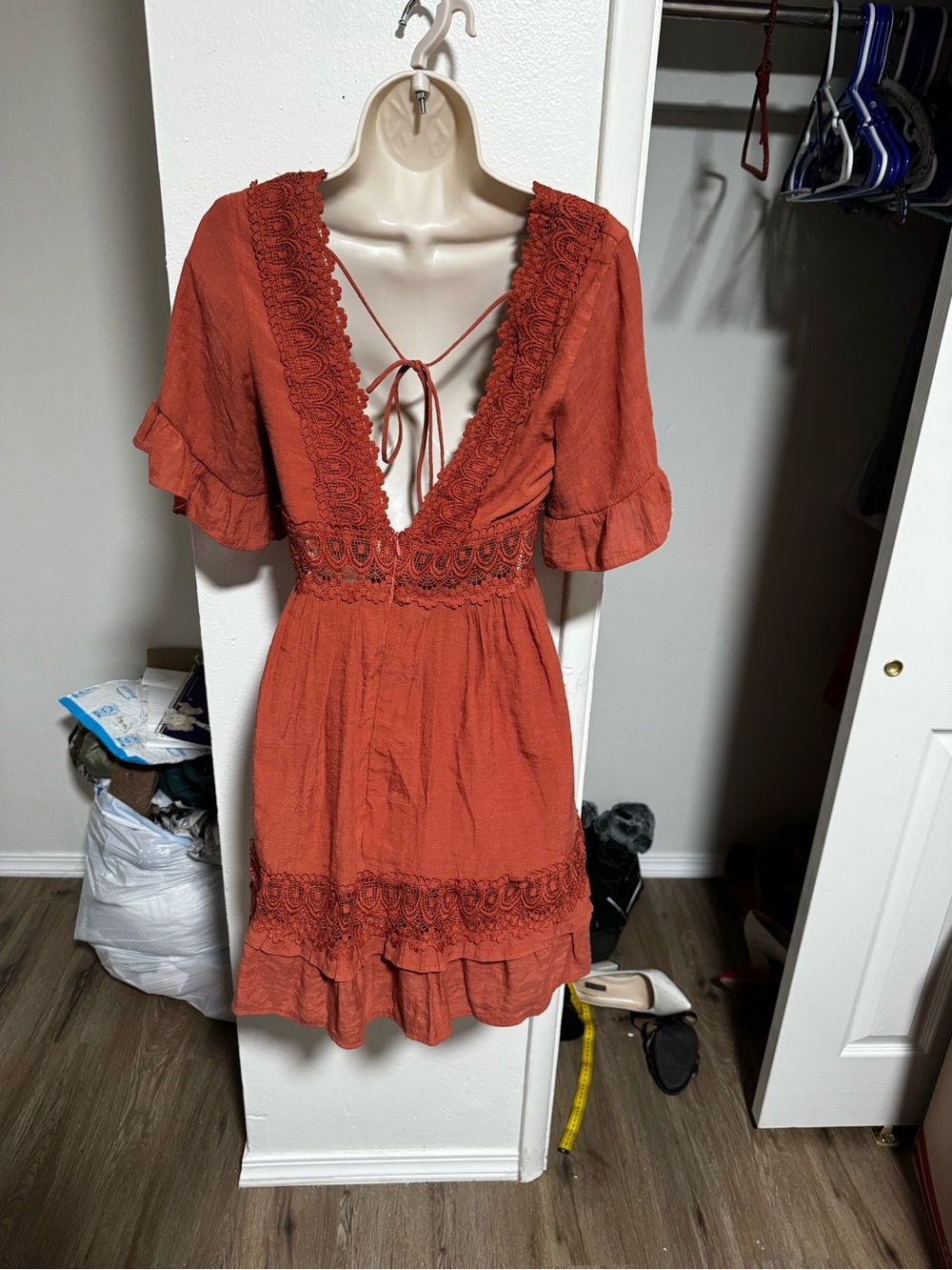 WISHLIST APPAREL Rust Lace-Trim V-Neck Mini Dress - Picture 3 of 4